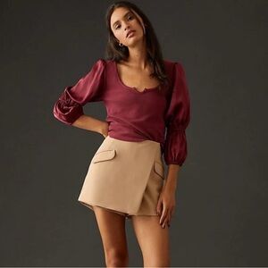 Anthropologie Maeve Tiered Sleeve Ribbed Top in Burgundy